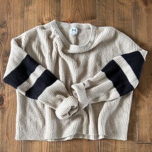 John+Jenn Cream Ribbed Crewneck Sweater with Black Stripe Sleeves
